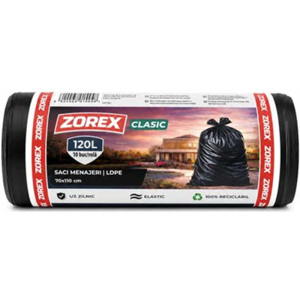 Saci menajeri Zorex Basic, 120L, negru, 10 buc/rola