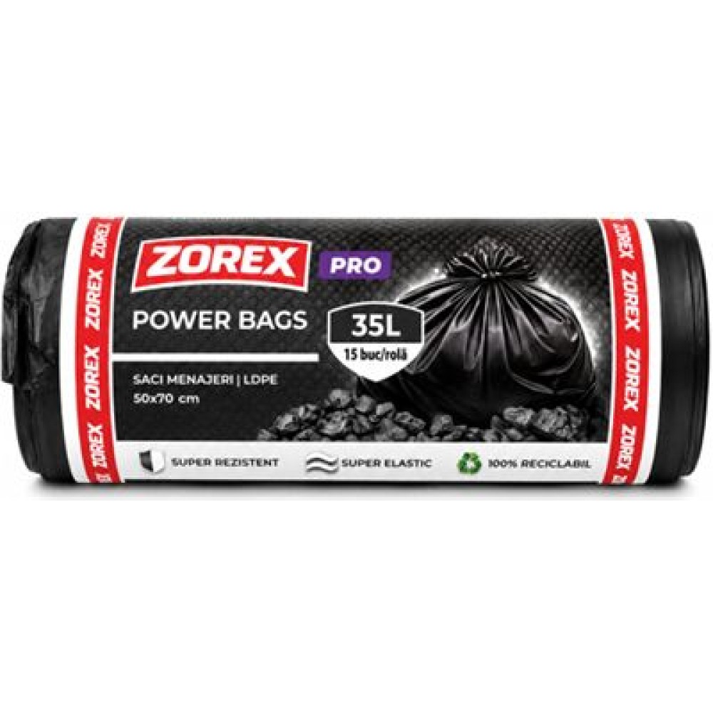Saci menajeri Zorex Clasic, 35L, negru, 15 buc/rola