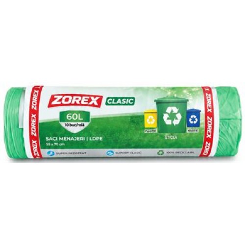 Saci colectare selectiva Zorex-Sticla, 60L, verde, 10 buc / rola