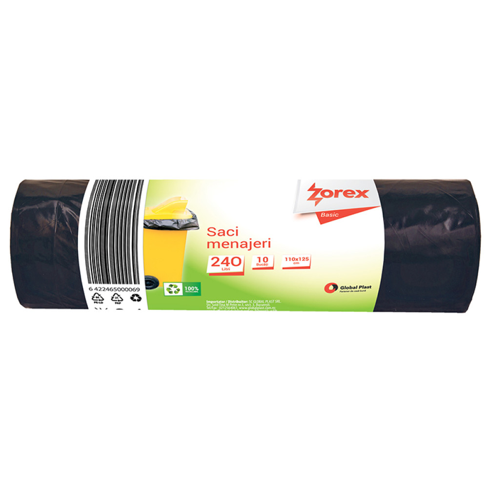 Saci menajeri Zorex Basic, 240L, negru, 10 buc/rola