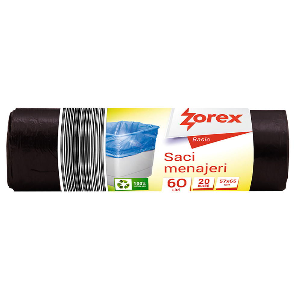 Saci menajeri Zorex Basic, 60L, negru, 20 buc/rola