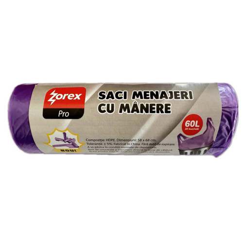 Saci menaj cu manere Zorex Pro, mov, 60L, 20buc/rola