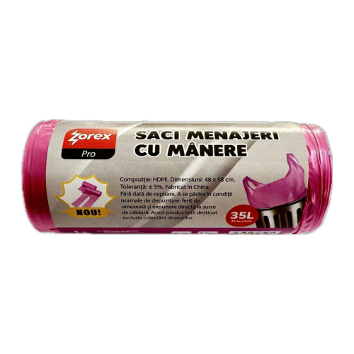 Saci menajeri cu manere Zorex Pro, roz, 35L, 30buc / rola